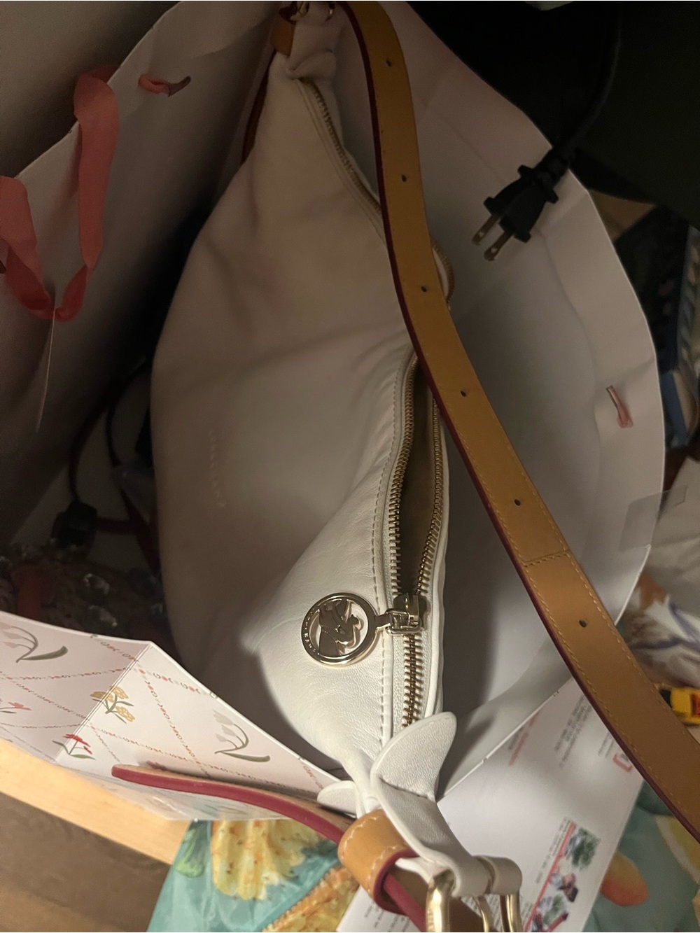 White Crescent Shoulder Bag with Tan Strap - Picture 6 of 11